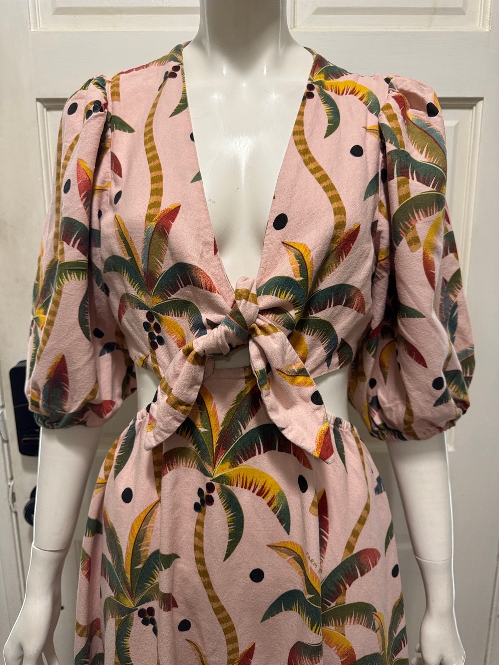 Farm Rio Cotton Pink Tropical Tie-Front Midi Dress Size Medium - Picture 4 of 16